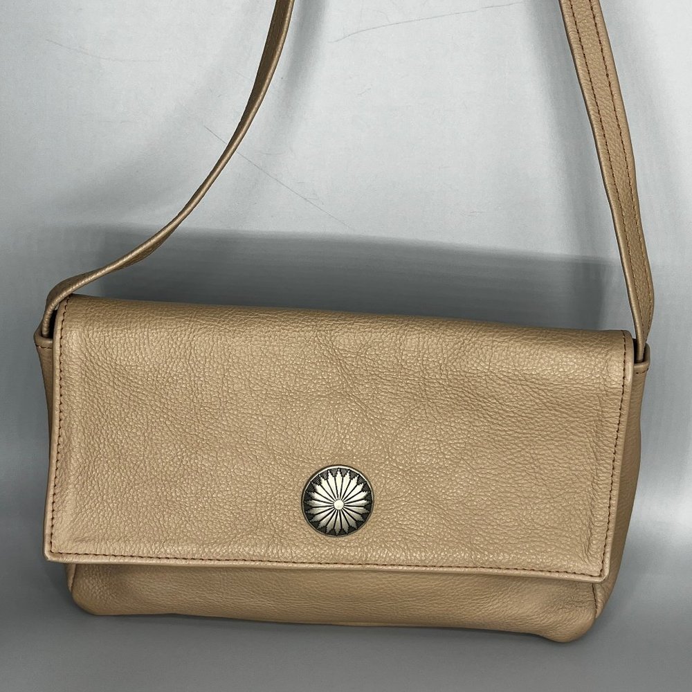 VTG SUN LEATHER COMPANY GREY LEATHER INSIDE & OUTSIDE SHOULDER BAG W/SILVER SUN